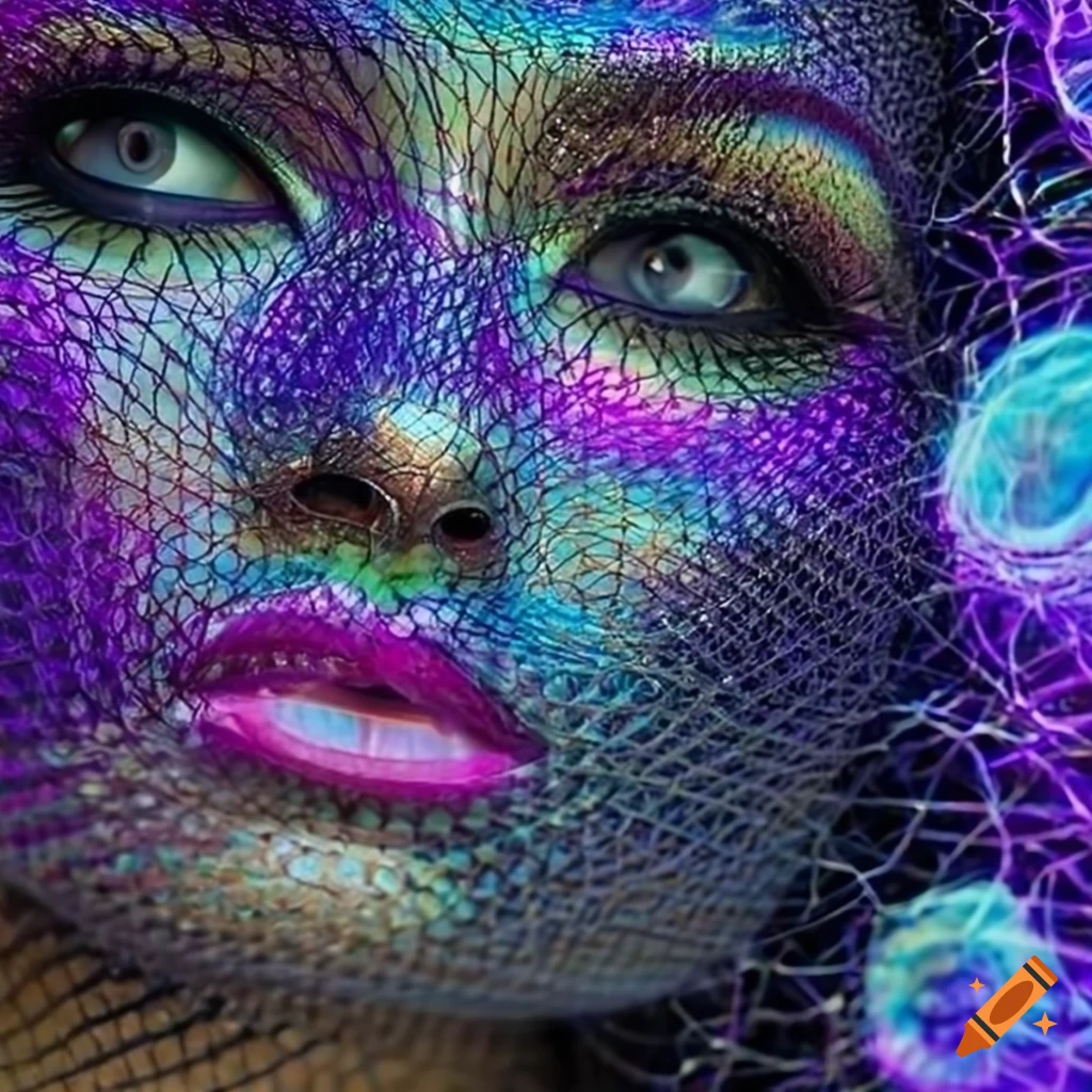 Portrait with beautiful soulful grey eyes in shining metallic 3d net art on Craiyon