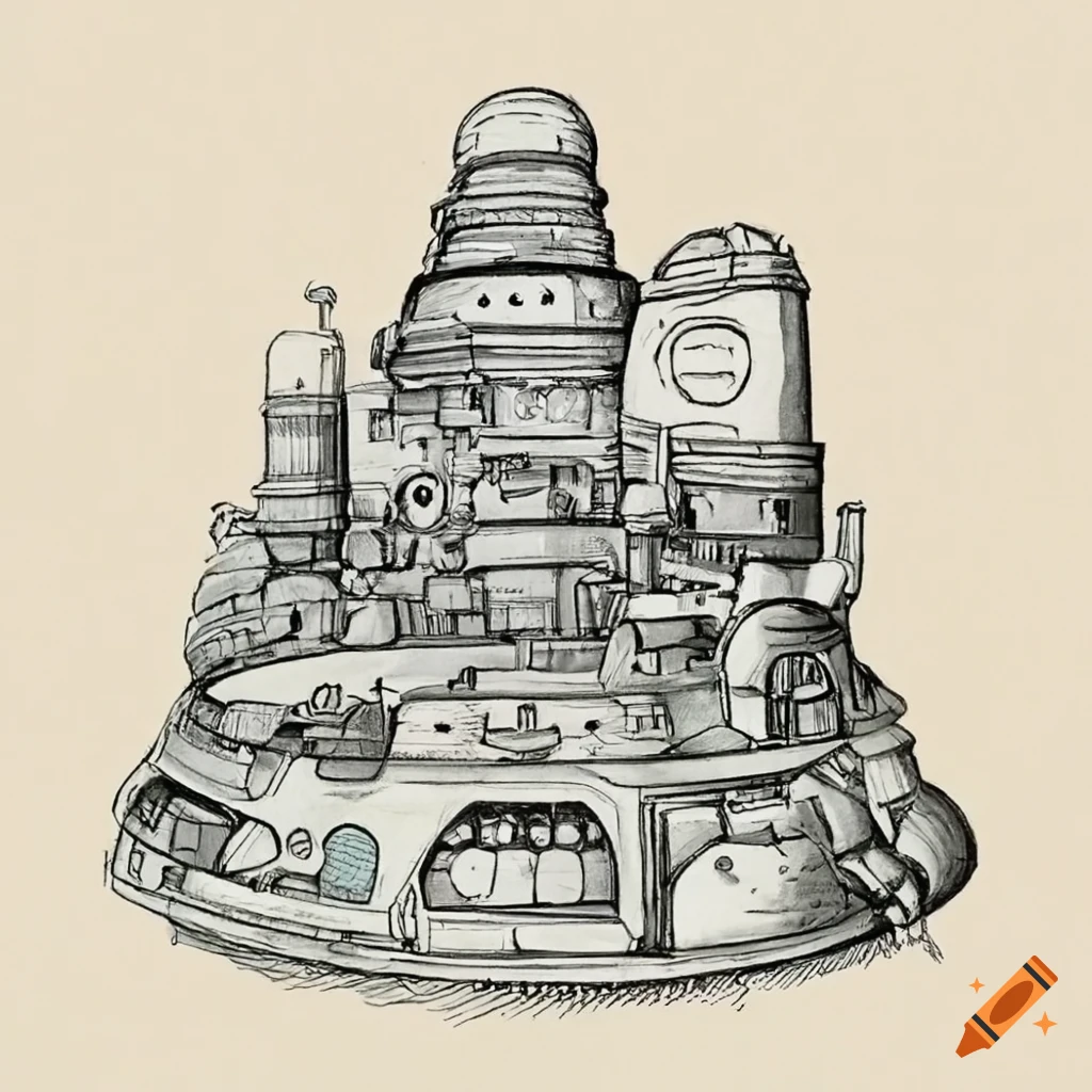 Technical drawing of a bulbous shaped martian city in Ghibli style by Hayao Miyazaki