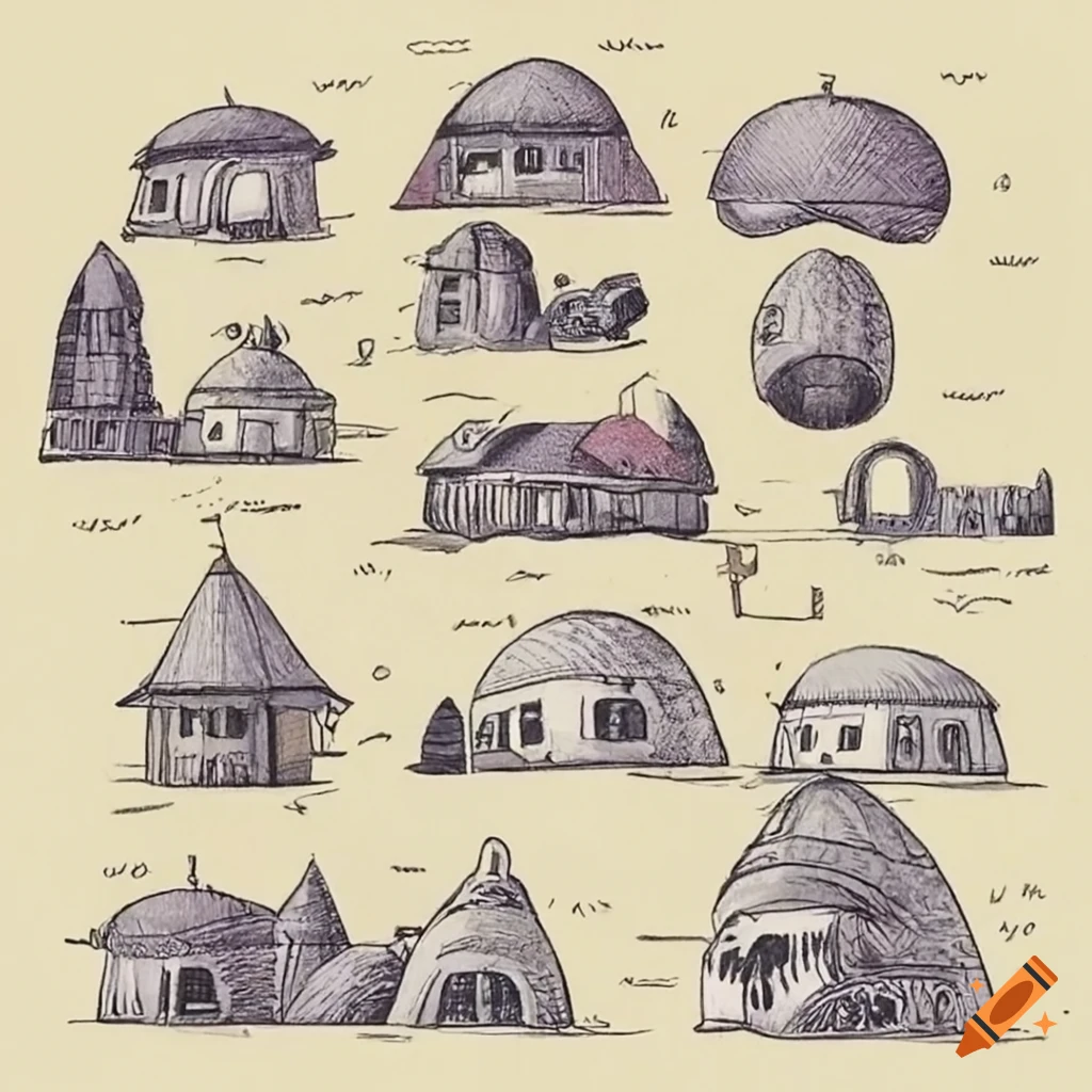 Technical drawing by Hayao Miyazaki of martian houses in Ghibli style