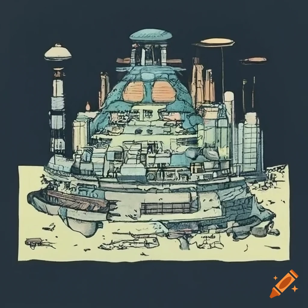 Technical drawing of a bulbous shaped martian city in Ghibli style by Hayao Miyazaki
