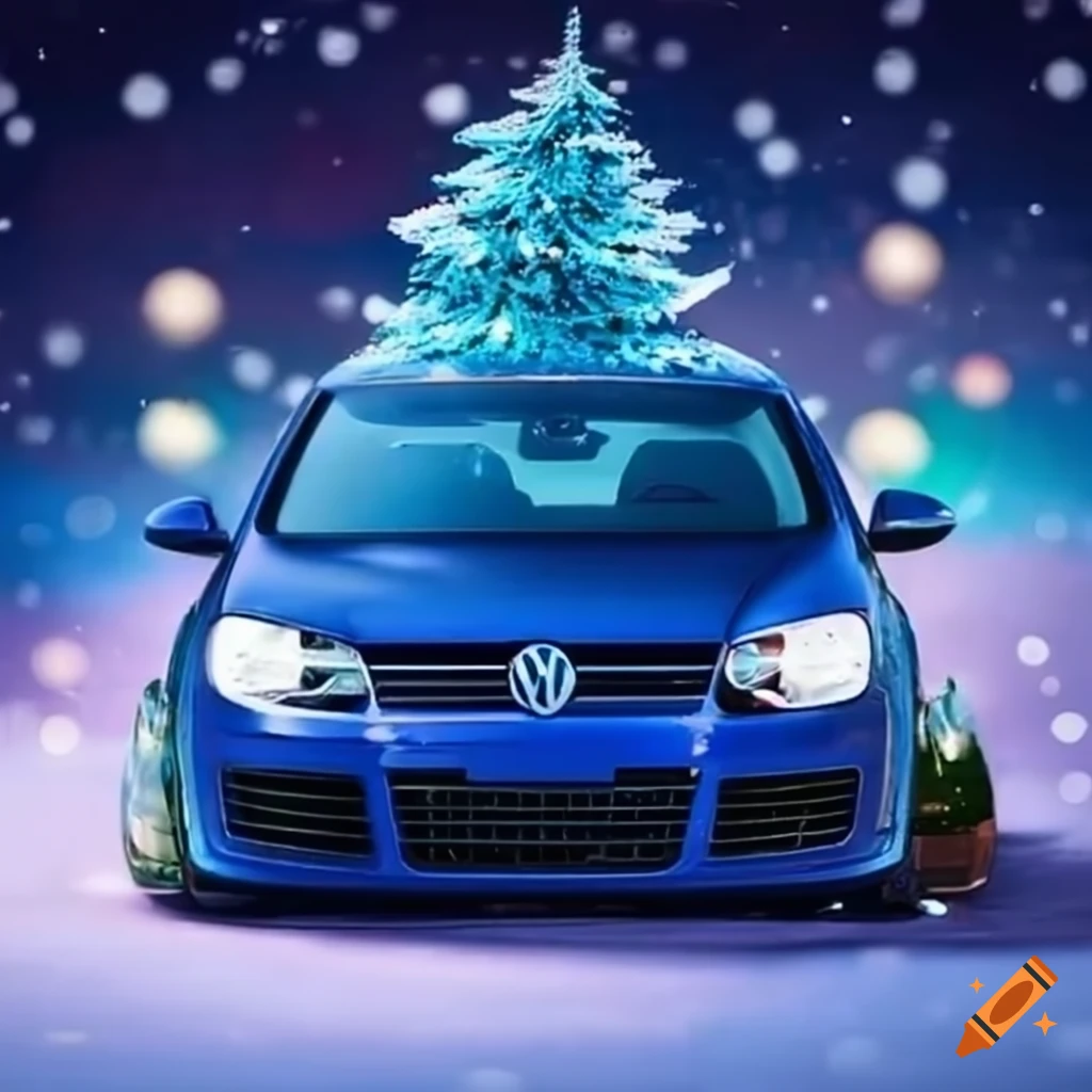 Blue vw golf mk5 in a christmas setting on Craiyon