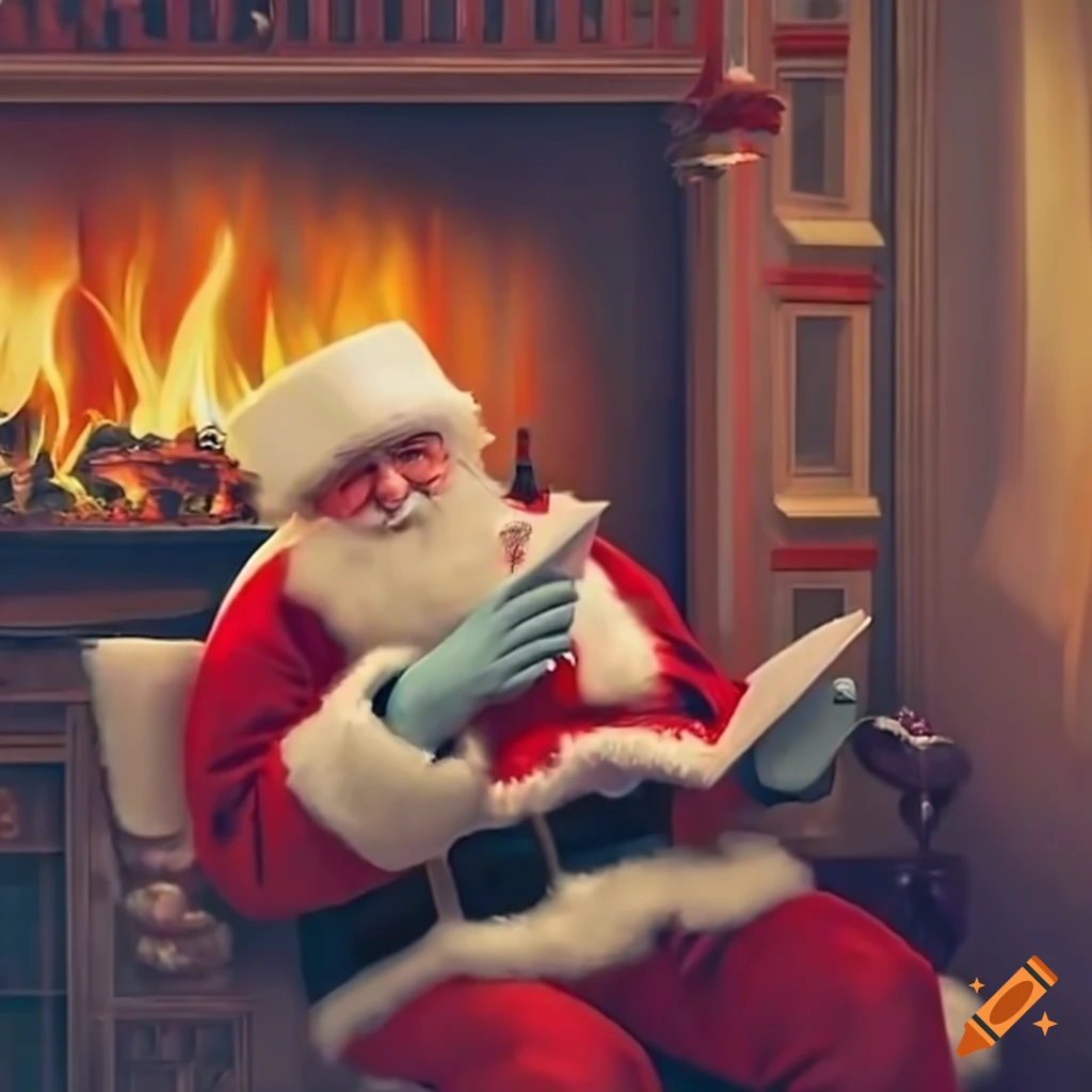 Santa reading a poem by the fireplace