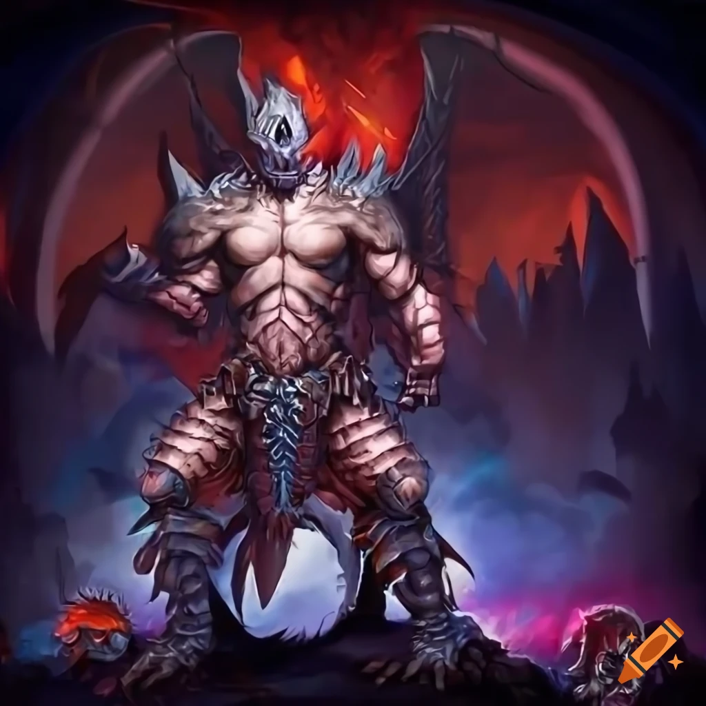 Muscular winged dragon warrior in cybernetic armor with white flames in ...