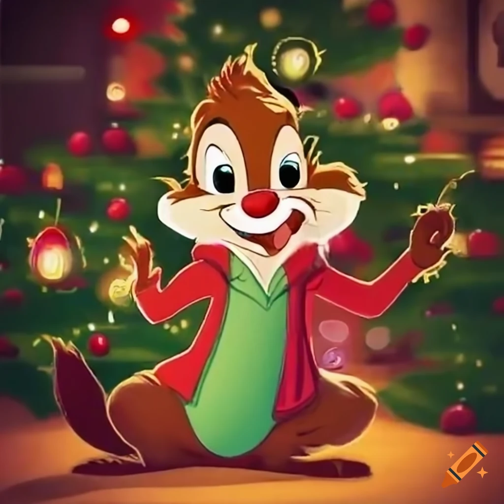 chip-and-dale-sitting-on-top-of-a-christmas-tree-in-carl-barks-style-on