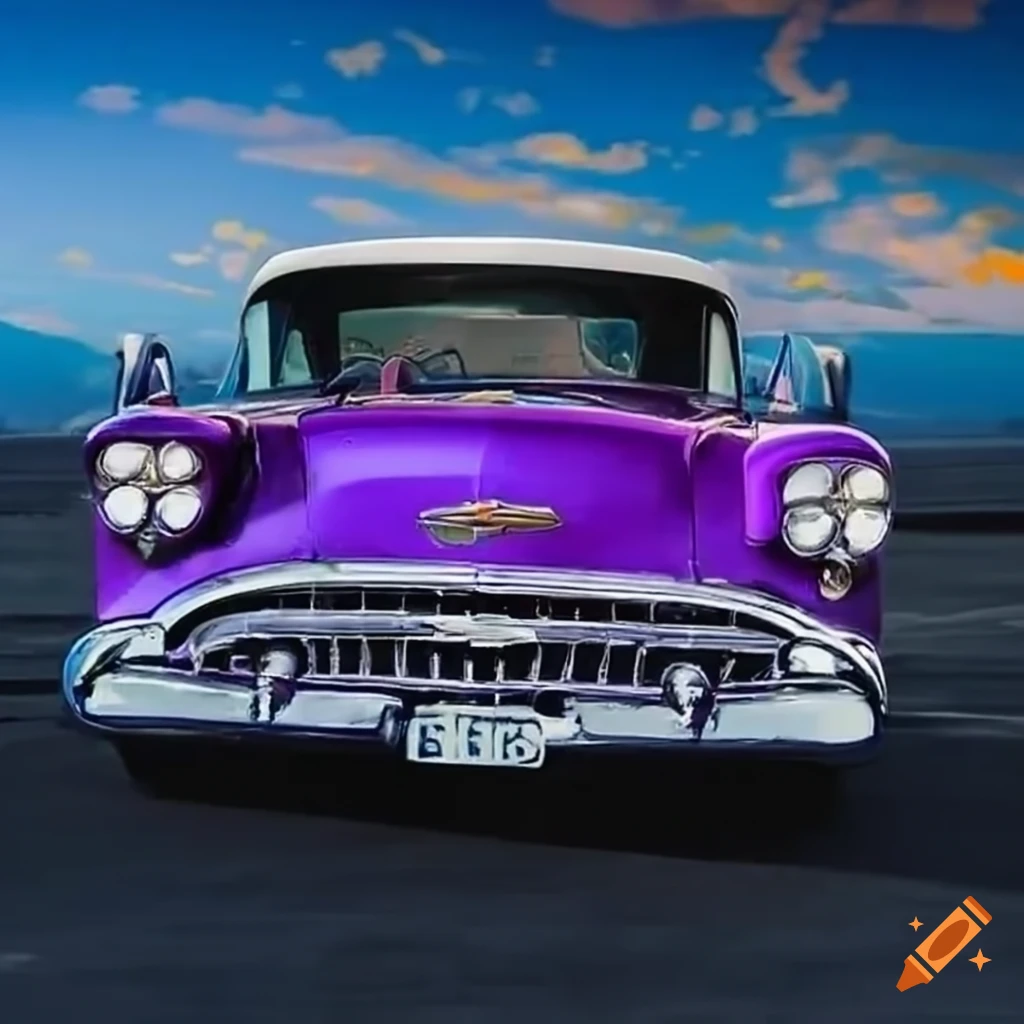Purple 57 chevy in a school parking lot