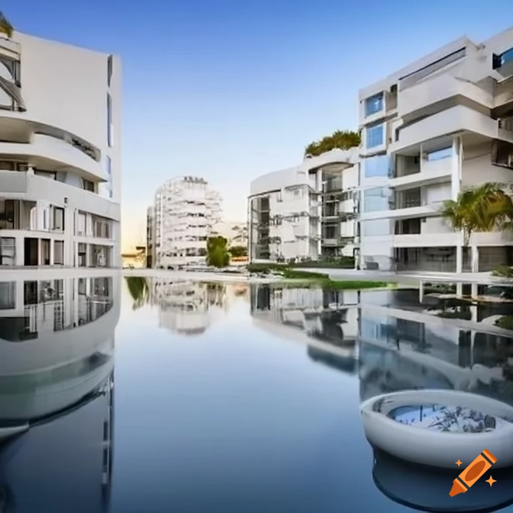Ultra modern white apartment complex with palm trees and water