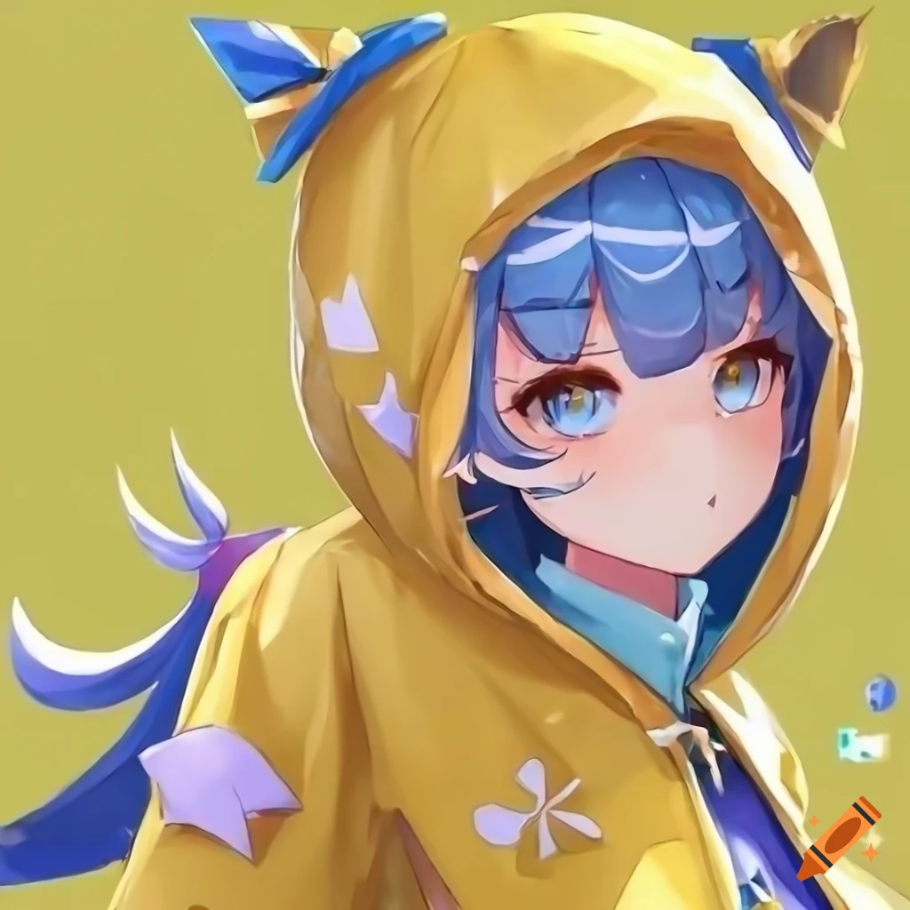 Genshin Impact cute girl with yellow oversized raincoat and heterochromia eyes
