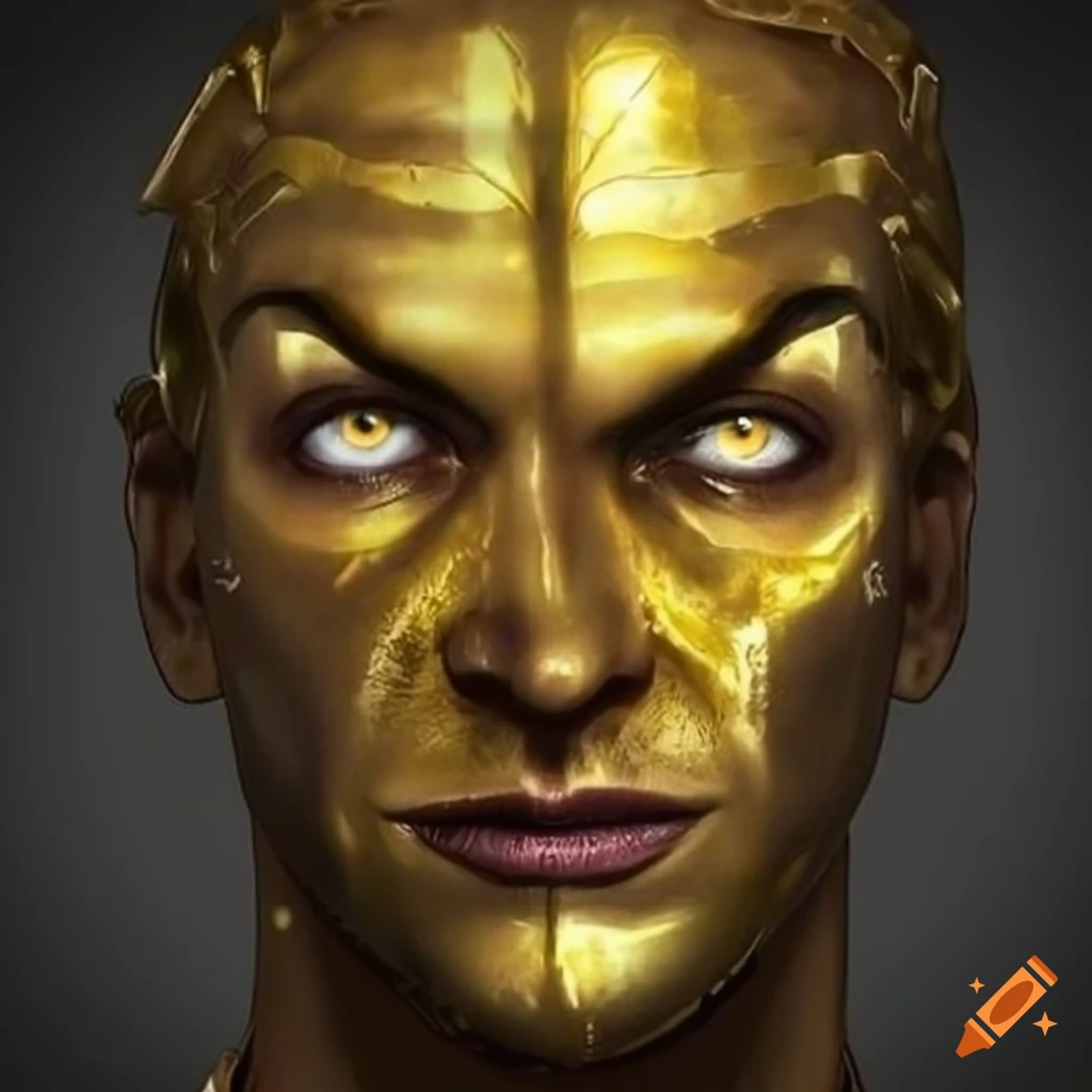 Man with hawkish face, gold skin, gold hair, and gold eyes