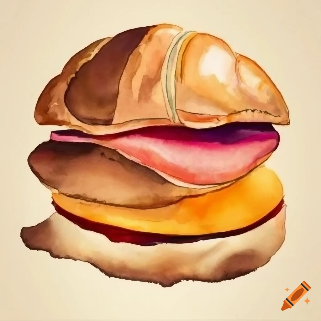 Croissant sandwich in watercolor style with low color saturation and contrast