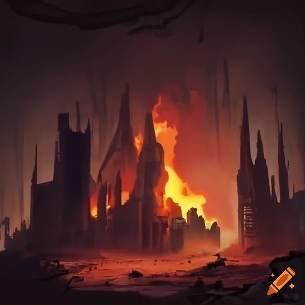 Desolate wasteland with ruins, fire, and ash