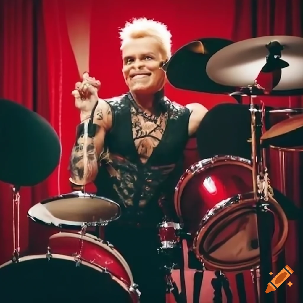 Punk musician in rehearsal room with Christmas-themed drums