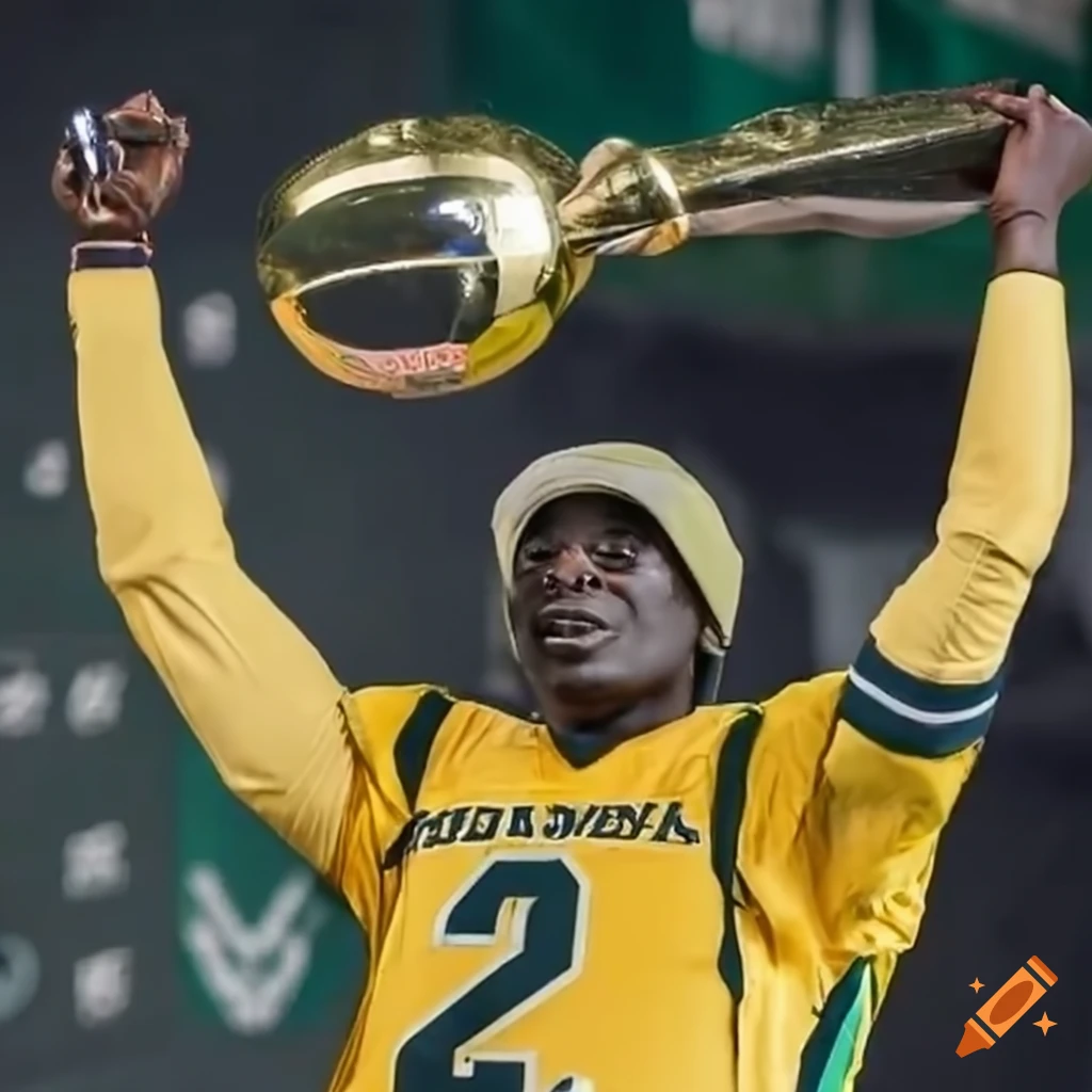 African American quarterback lifting championship trophy and MVP trophy for Nashville Tempo team