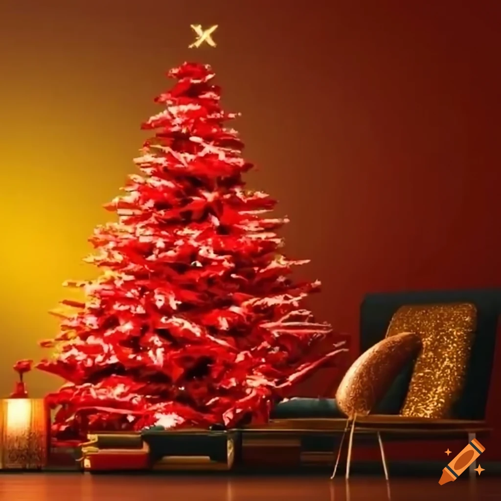 Christmas tree adorned with red and gold decorations in a cozy living ...