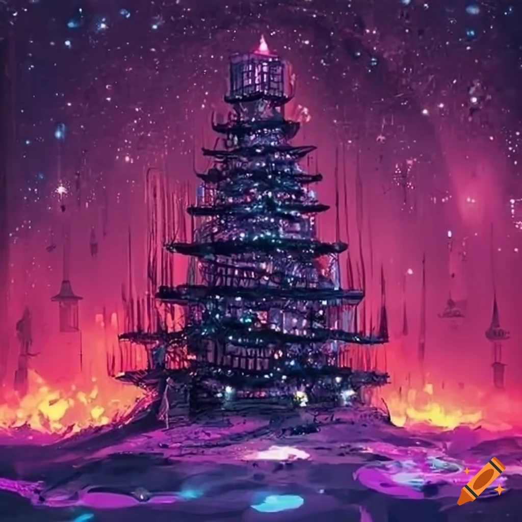 Christmas tree in a retro-futuristic cosmic city