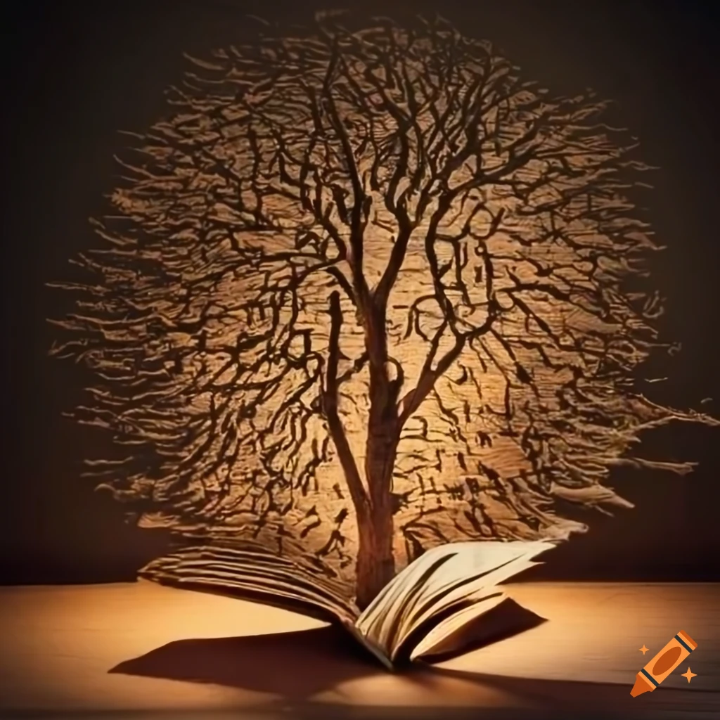 Diorama of handwritten pages in the shape of a tree with book pages flying in the wind