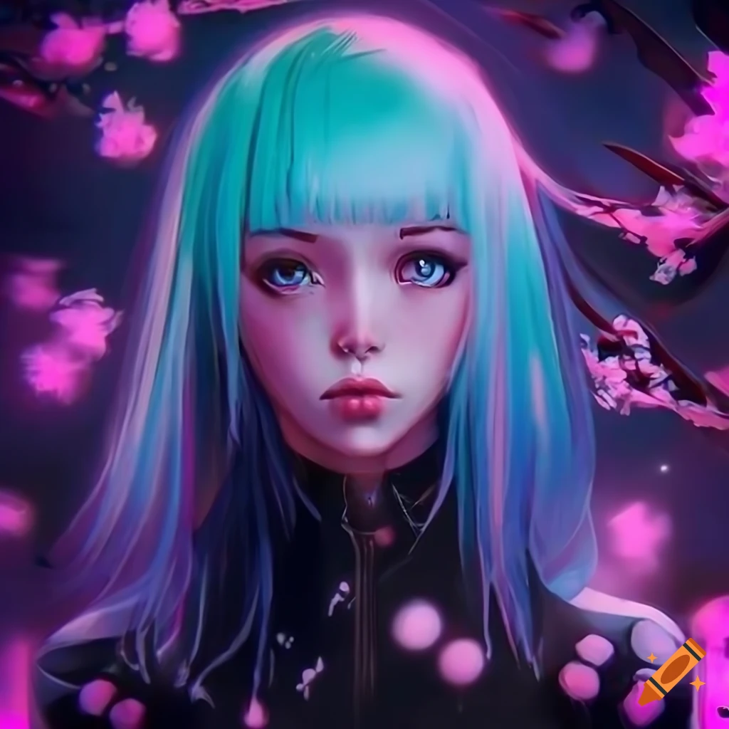 Futuristic cyberpunk girl with pastel pink and blue hair, black dress ...