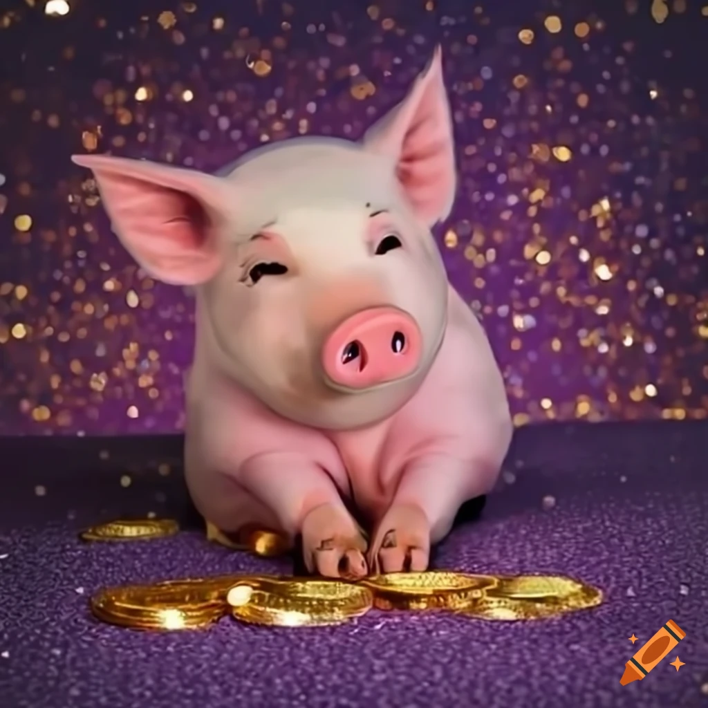 Adorable pink pig sleeping on a bed of gold and silver coins