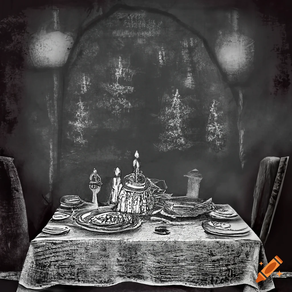 Creepy sketchy empty room with a Christmas table in greyscale
