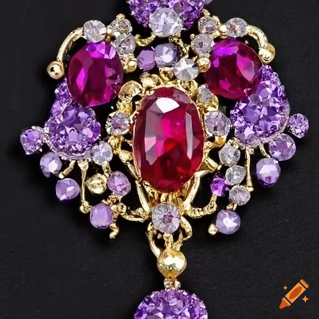 Rococo-inspired brooch with sparkling ruby and gemstones in ruby red and lilac colors