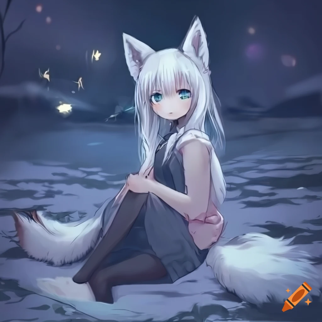 Melancholy white anime fox girl with cyan eyes sitting at night on Craiyon
