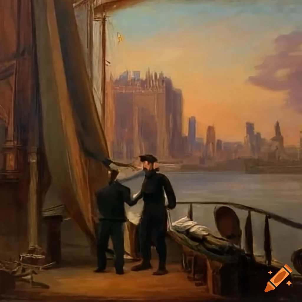 Two friends admiring the view as their ship docks in NYC in 1873