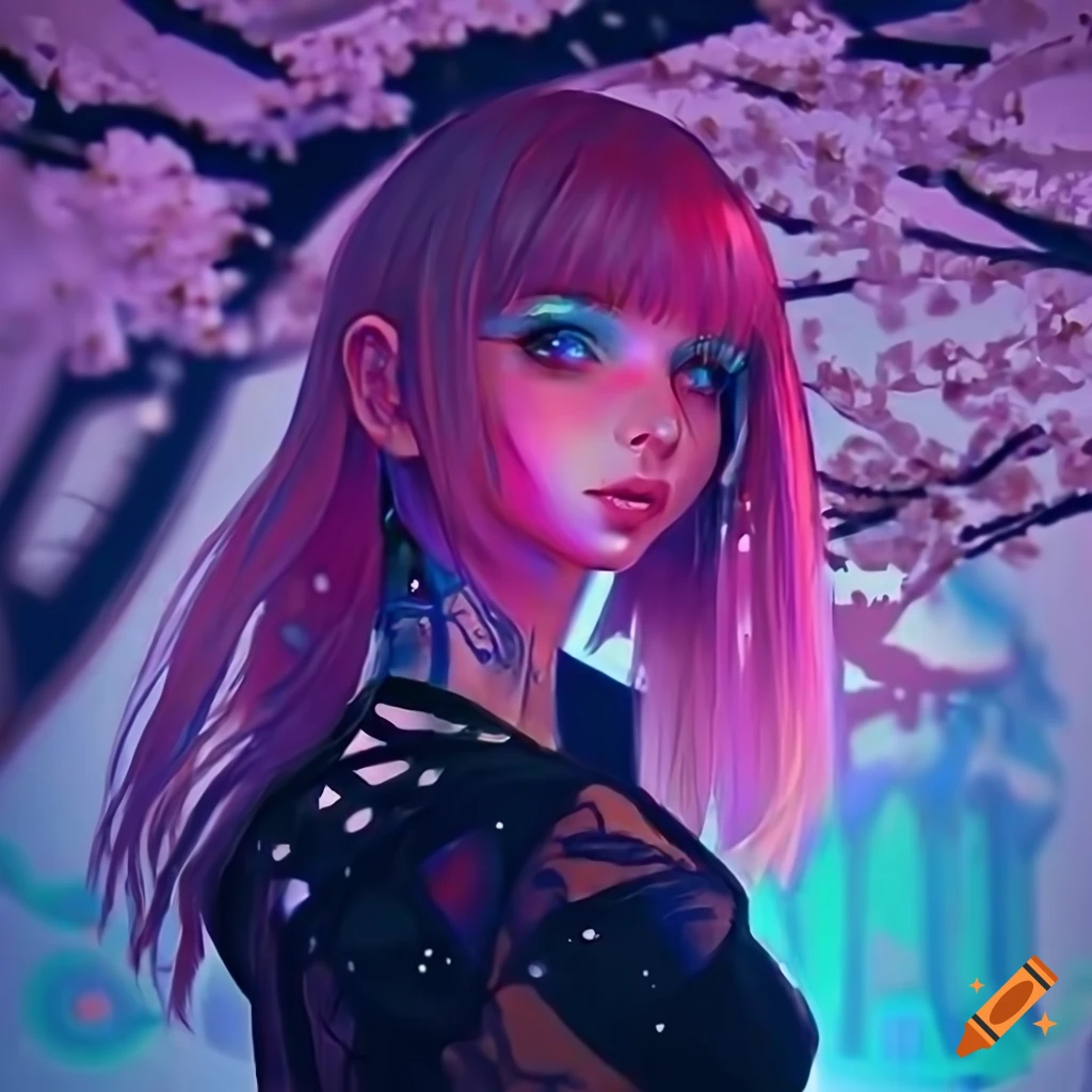 Futuristic cyberpunk girl with pastel pink and blue hair and black