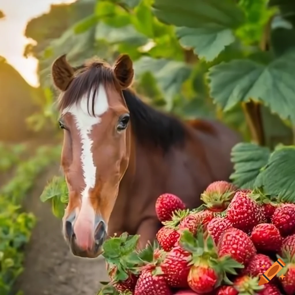 Strawberry horse in a field of strawberries on Craiyon
