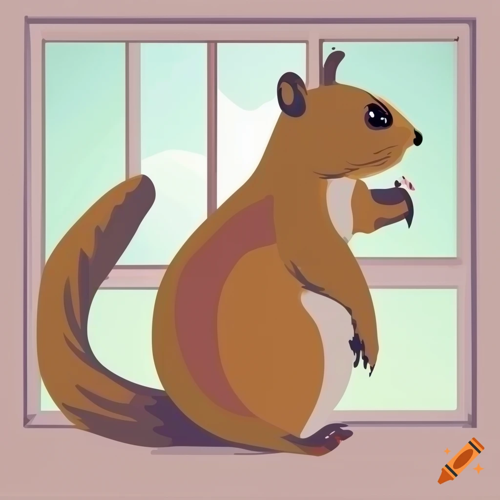 Vector style illustration of a squirrel in front of a window frame on