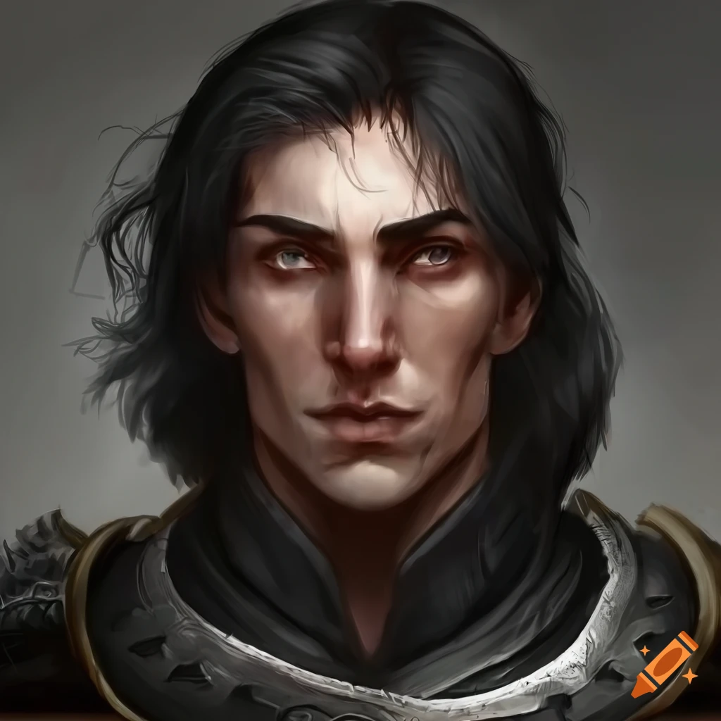 Portrait of a 35-year-old fantasy male fighter with black hair and ...