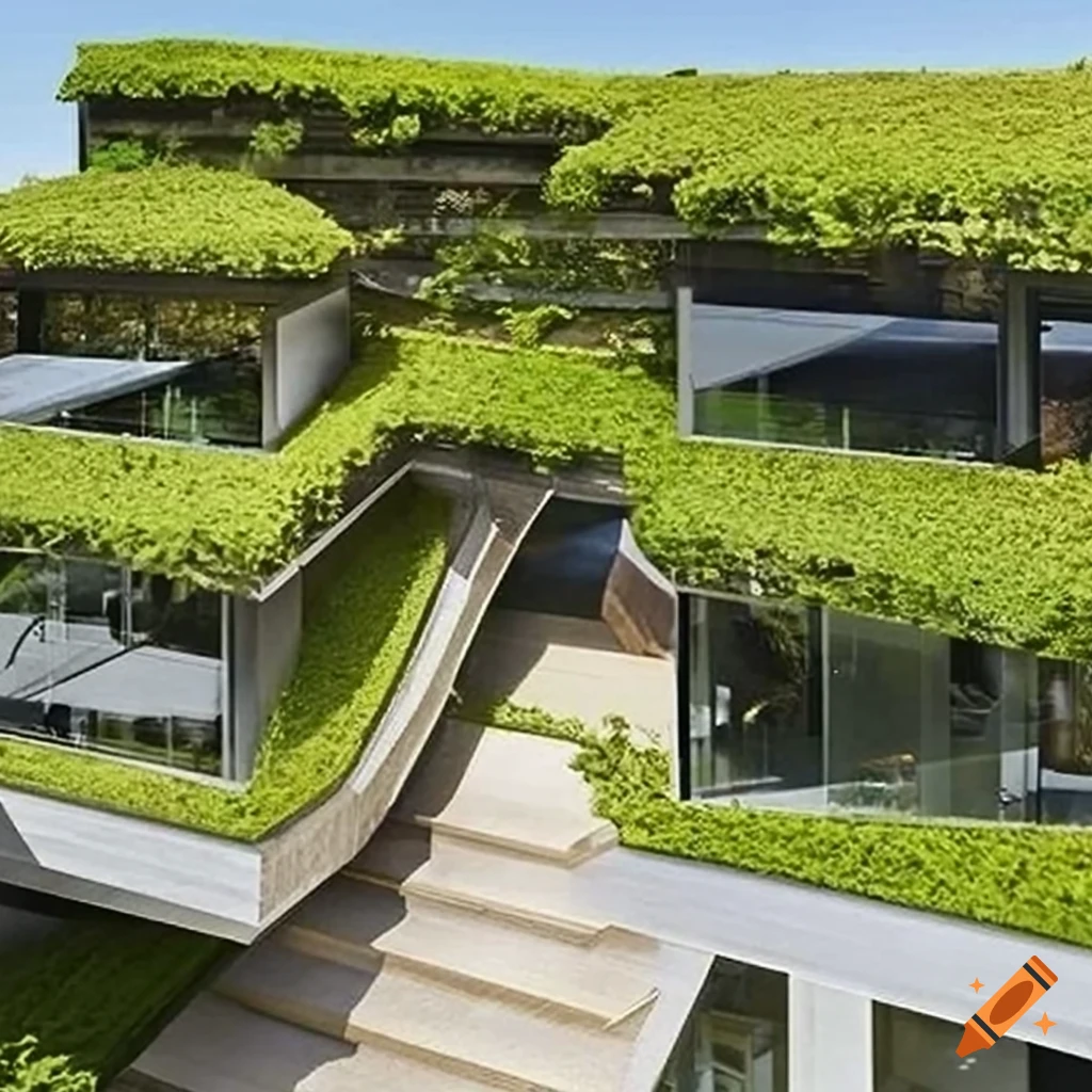 View of Modern eco-friendly design with green roofs, solar panels, and natural ...