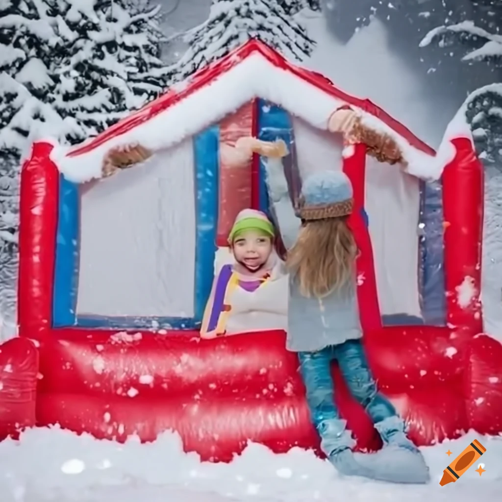 Kids playing in a bounce house with a snowy winter background on Craiyon
