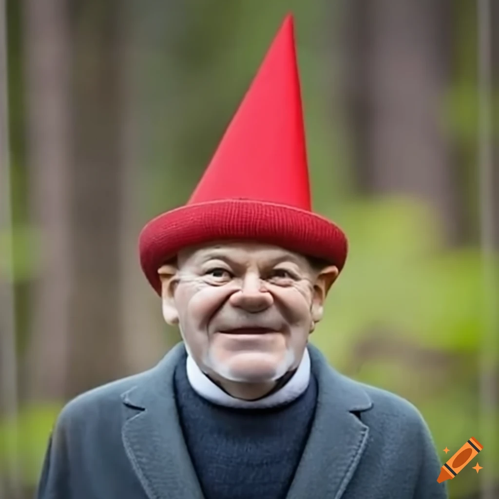 Olaf scholz with a red pointy hat resembling a garden gnome on Craiyon