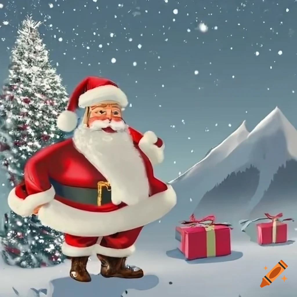 Charming santa claus surrounded by snowy mountains and beautifully ...