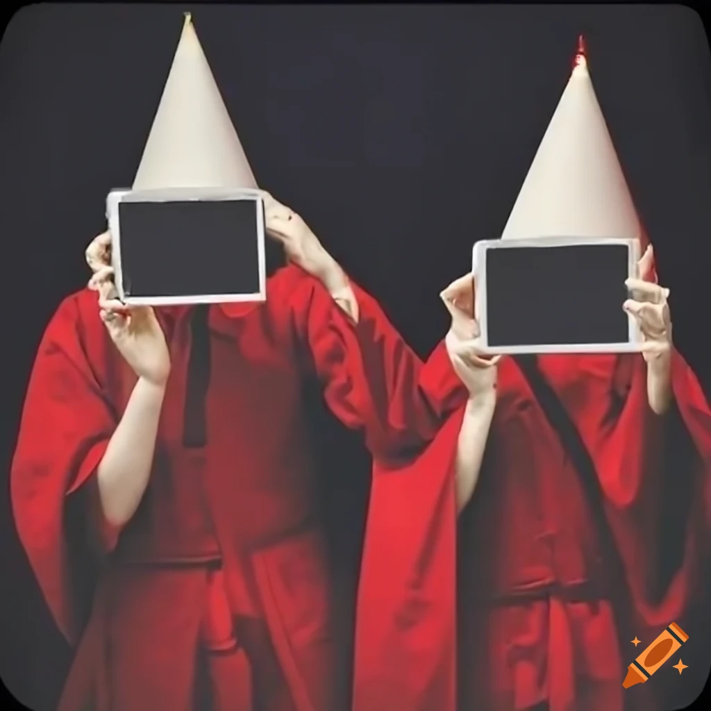 Three cultists in red robes having a birthday party in a bauhaus style