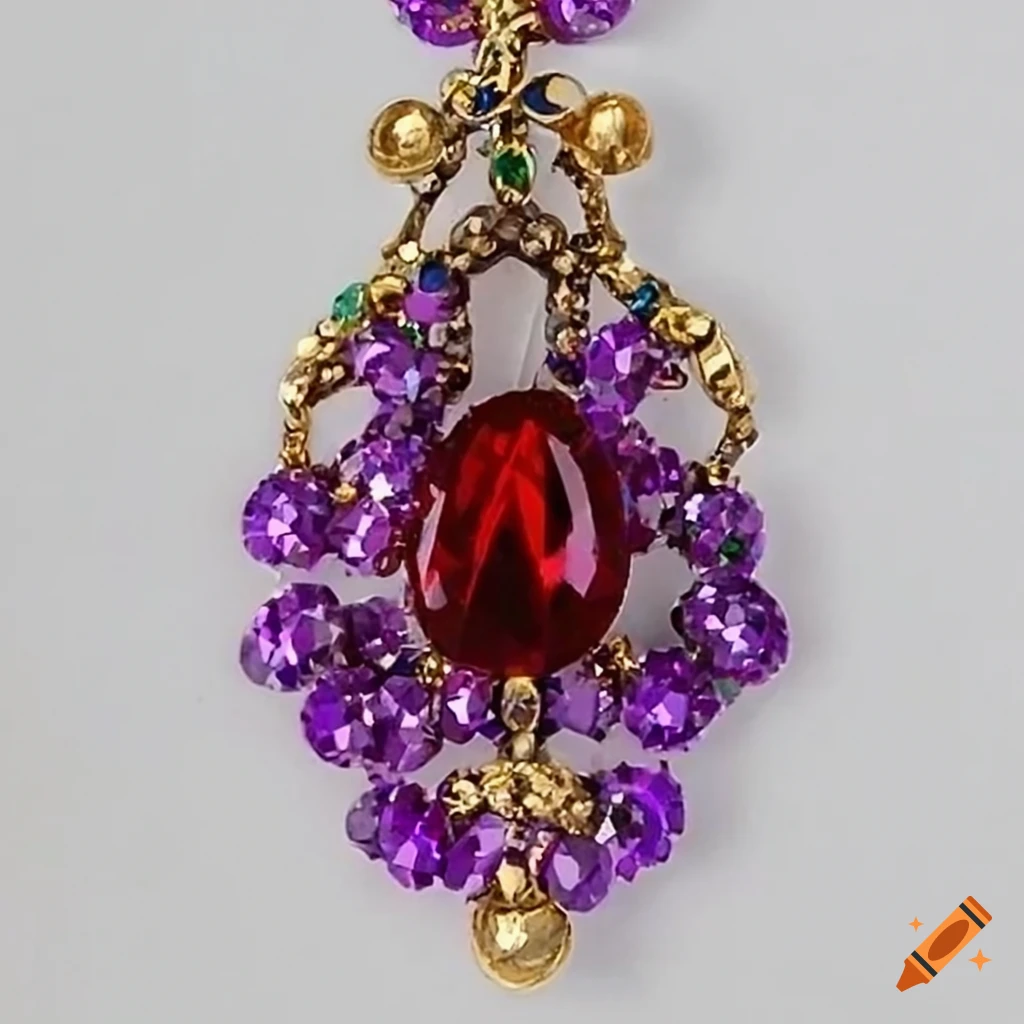 Rococo-inspired beaded brooch in ruby red, lilac purple, and buttery gold colors