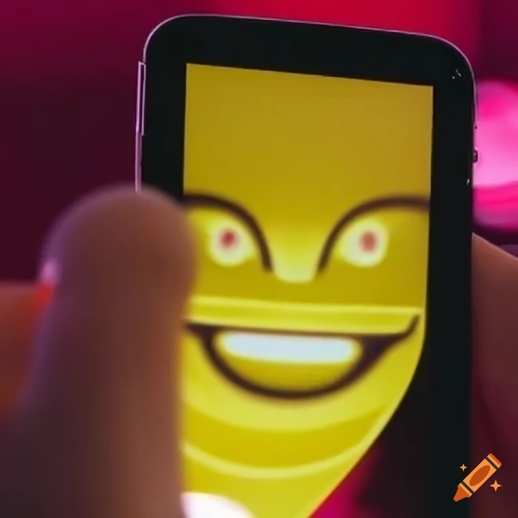 Exaggerated yellow smile on an android smartphone with a red light in the background