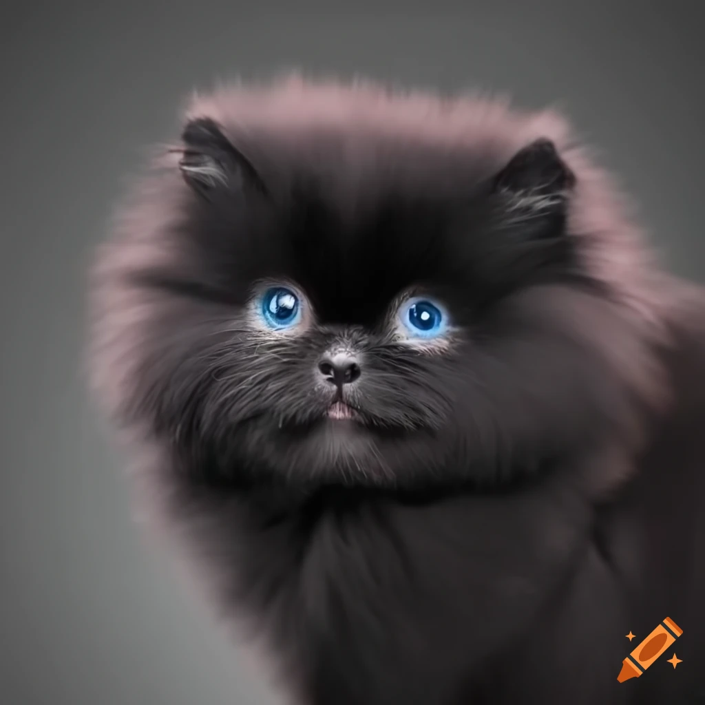 Fluffy black puppy with blue eyes in pastel color
