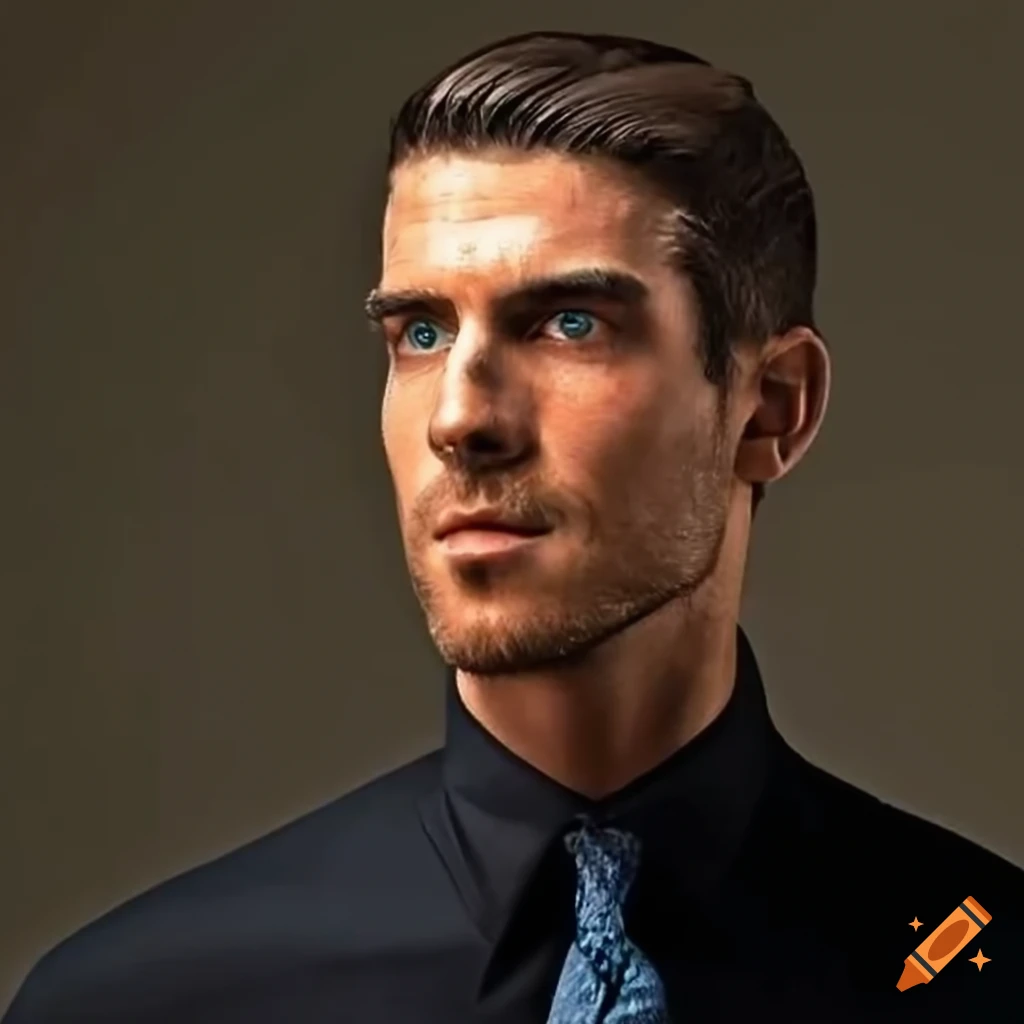 Athletic man with chiseled features and blue eyes wearing a black shirt