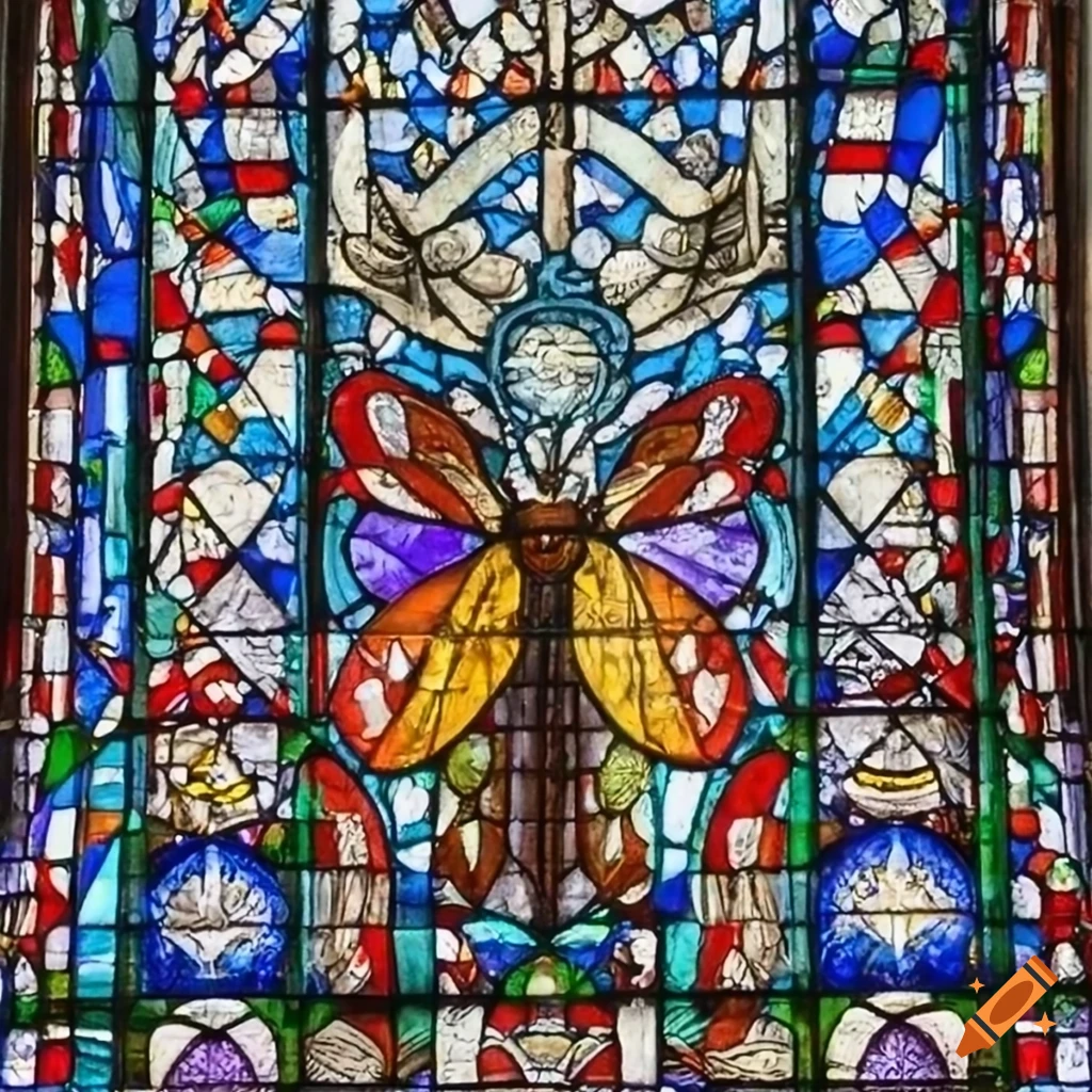 Stained glass cathedral window with a sacred insect on Craiyon
