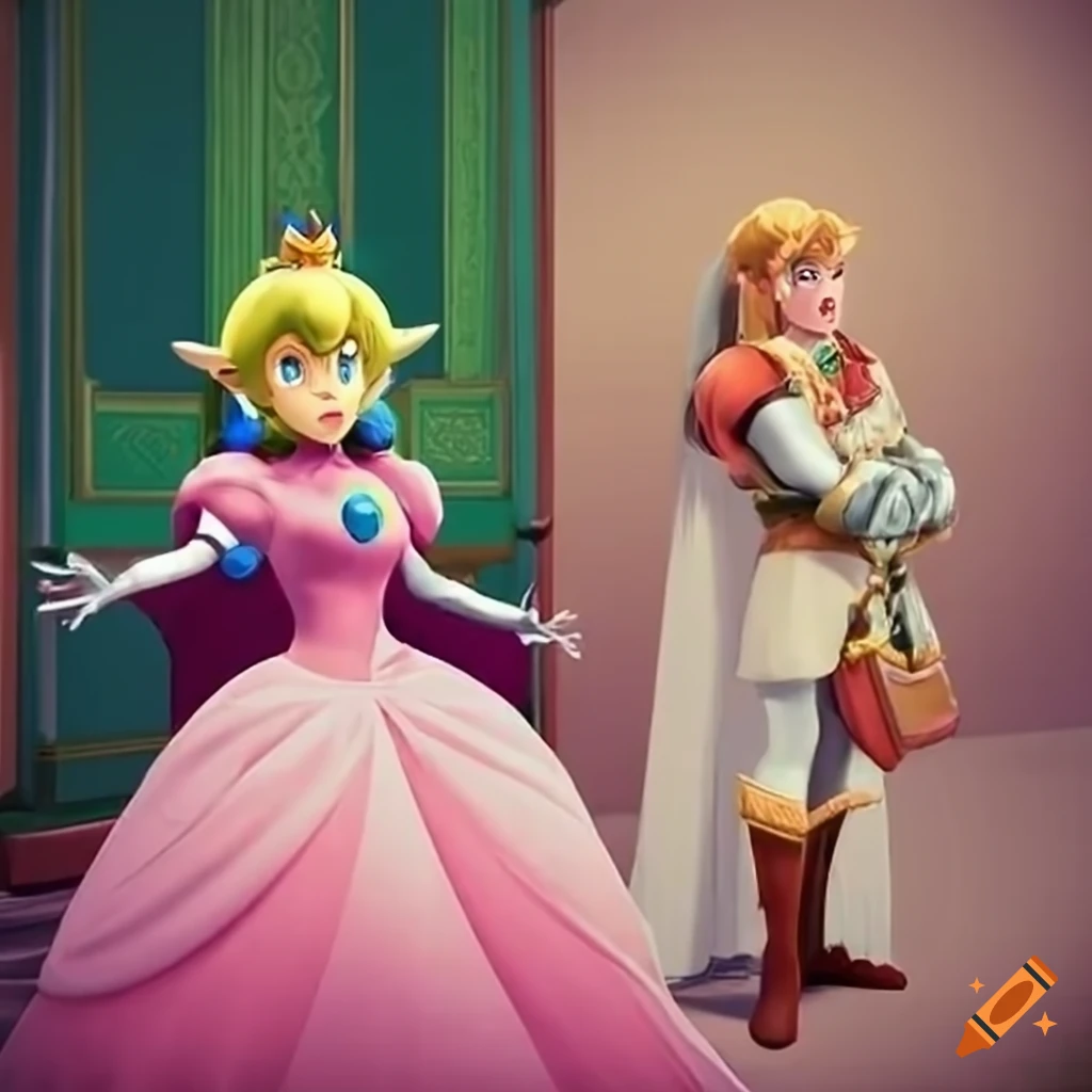 Princess Peach and Link posing together in pink silk ballgown