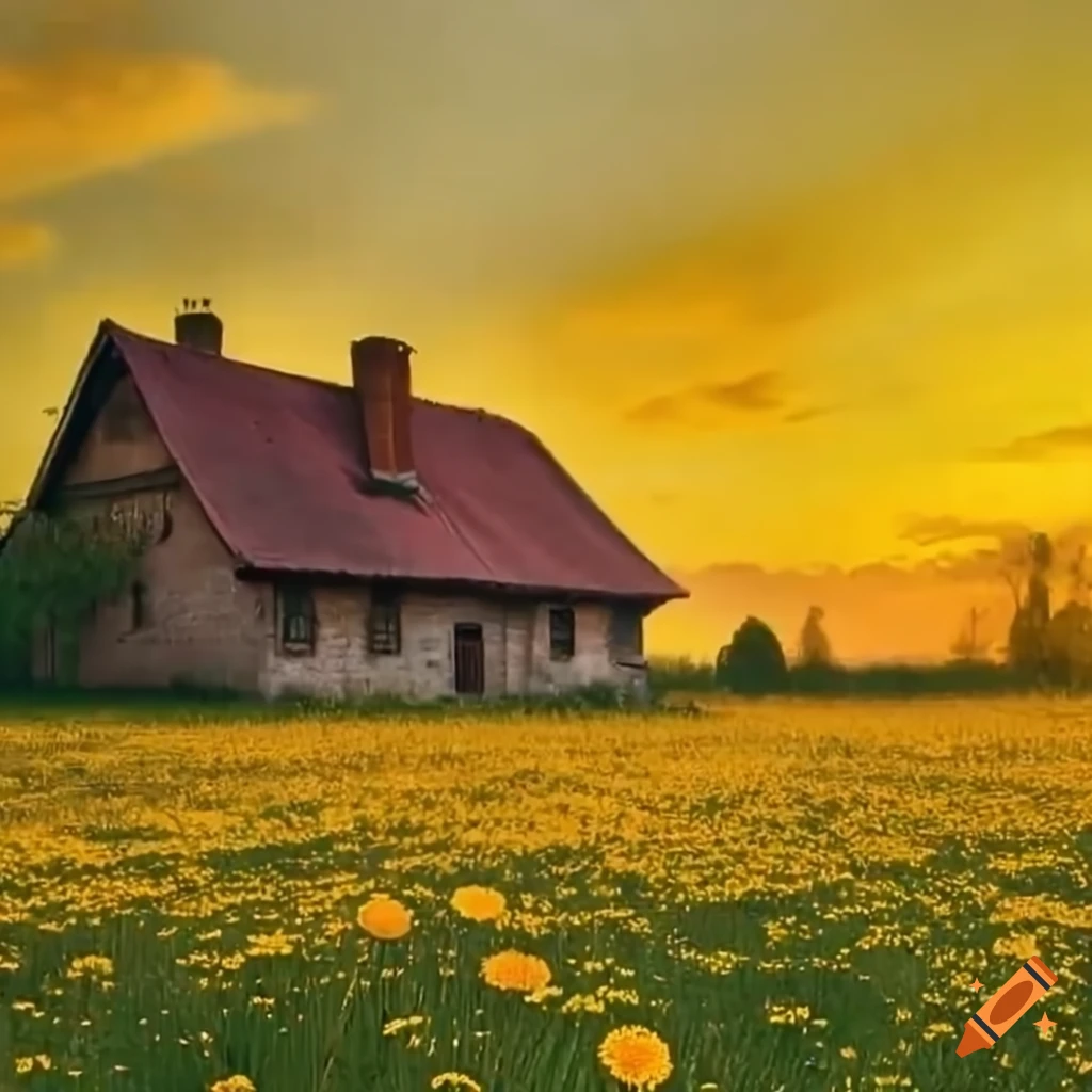 Golden meadow with flowering dandelions in a village setting on Craiyon