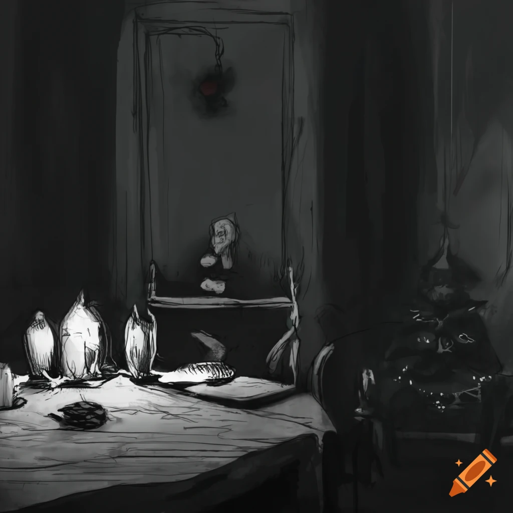 Creepy sketch of a dark empty room with a Christmas table