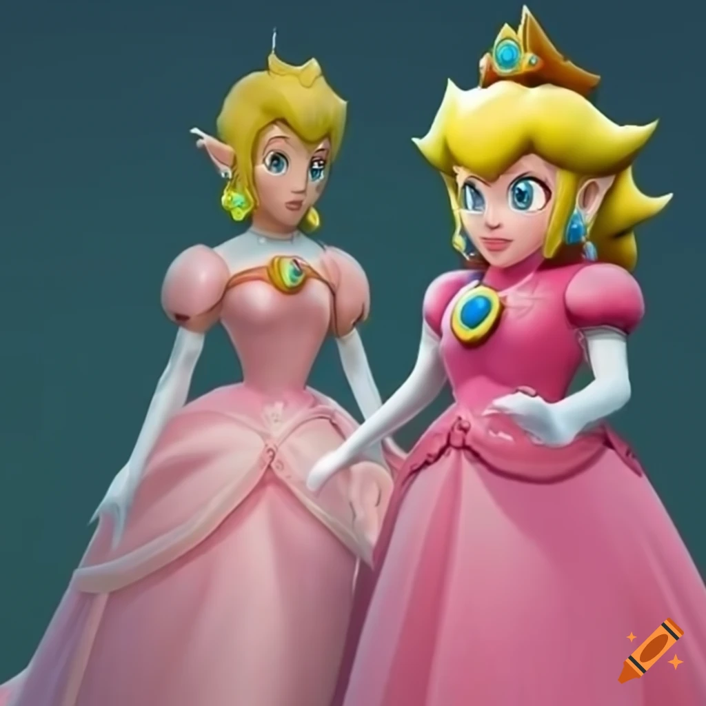 Princess Peach and Link posing together in pink silk ballgown