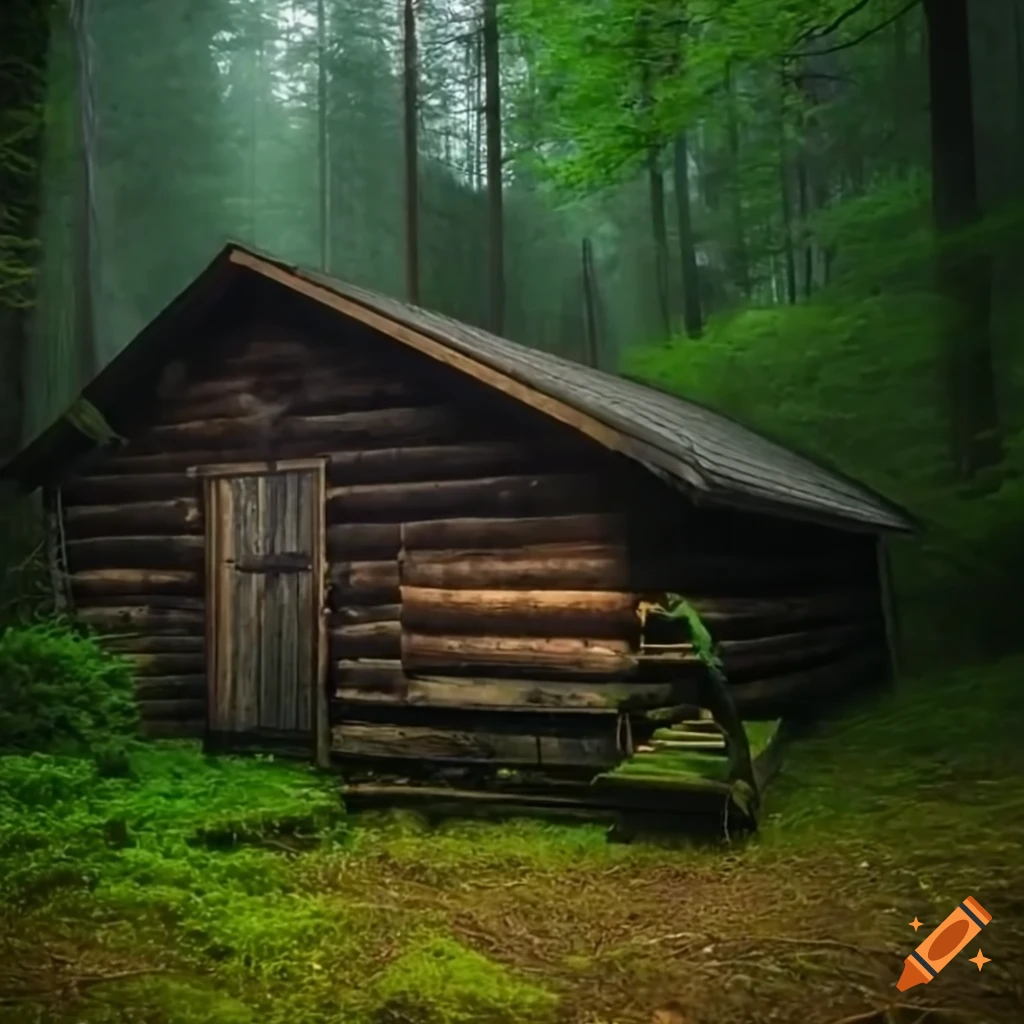 Cabin in the forest on a rainy night with a big tree beside it