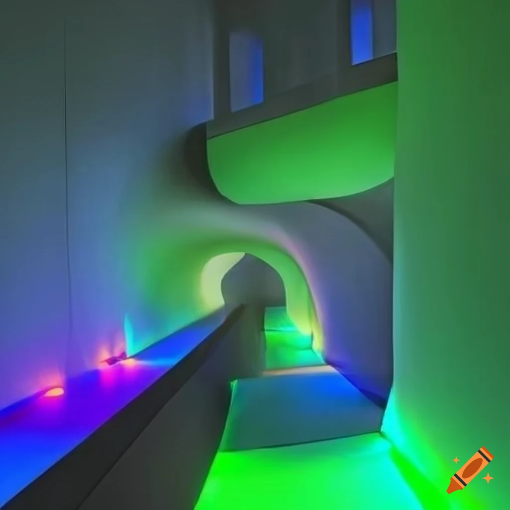 Brutalist architecture with bright water slides, mushrooms, and