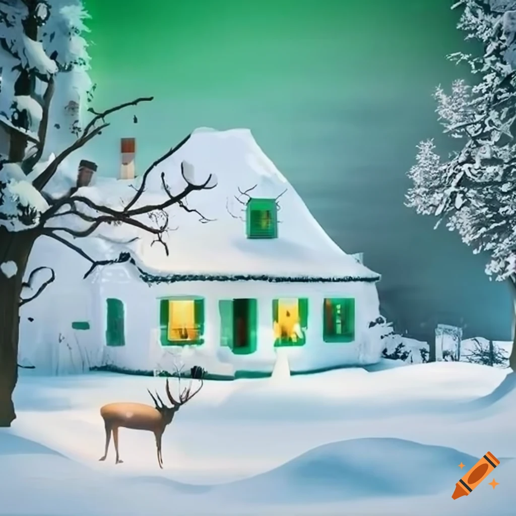 Charming white cottage surrounded by apple trees and reindeer in a winter wonderland
