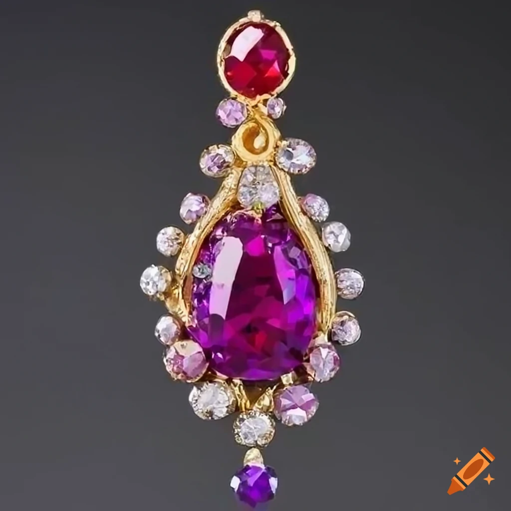 Rococo inspired brooch with sparkling ruby and colorful gemstones