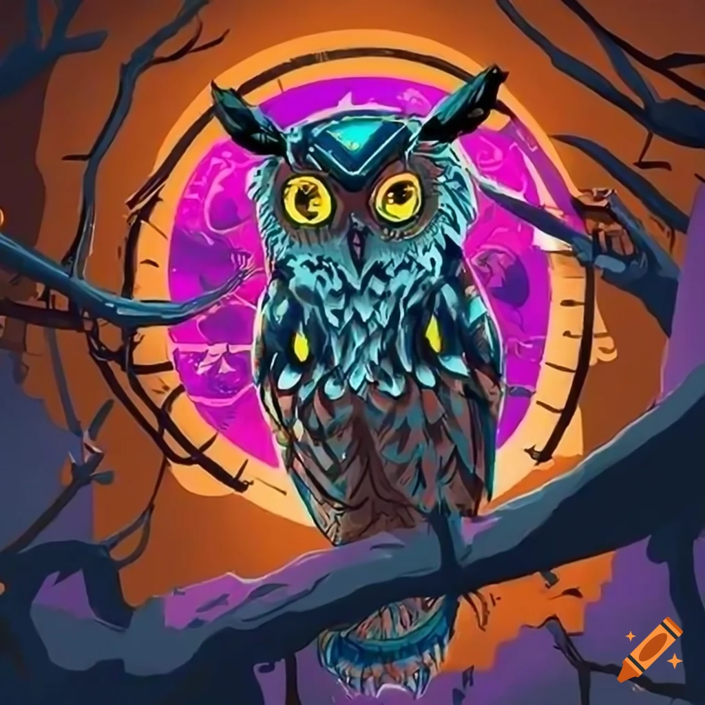 Cyberpunk owl with yellow eyes in Tim Doyle style searching in a ...