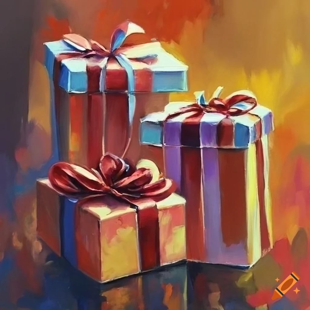 Oil paintings of gift boxes on Craiyon
