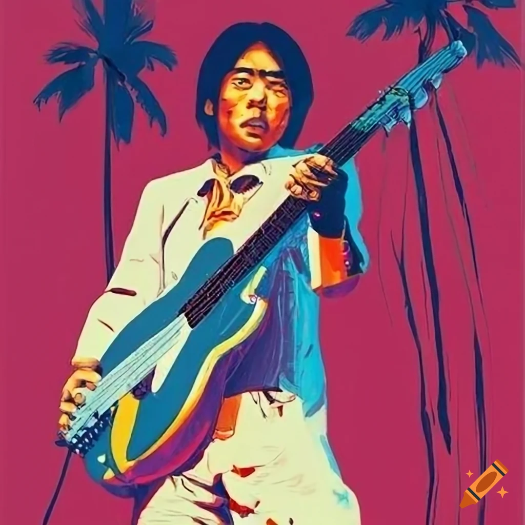 Pop art poster of masayoshi takanaka with a surfing guitar on Craiyon